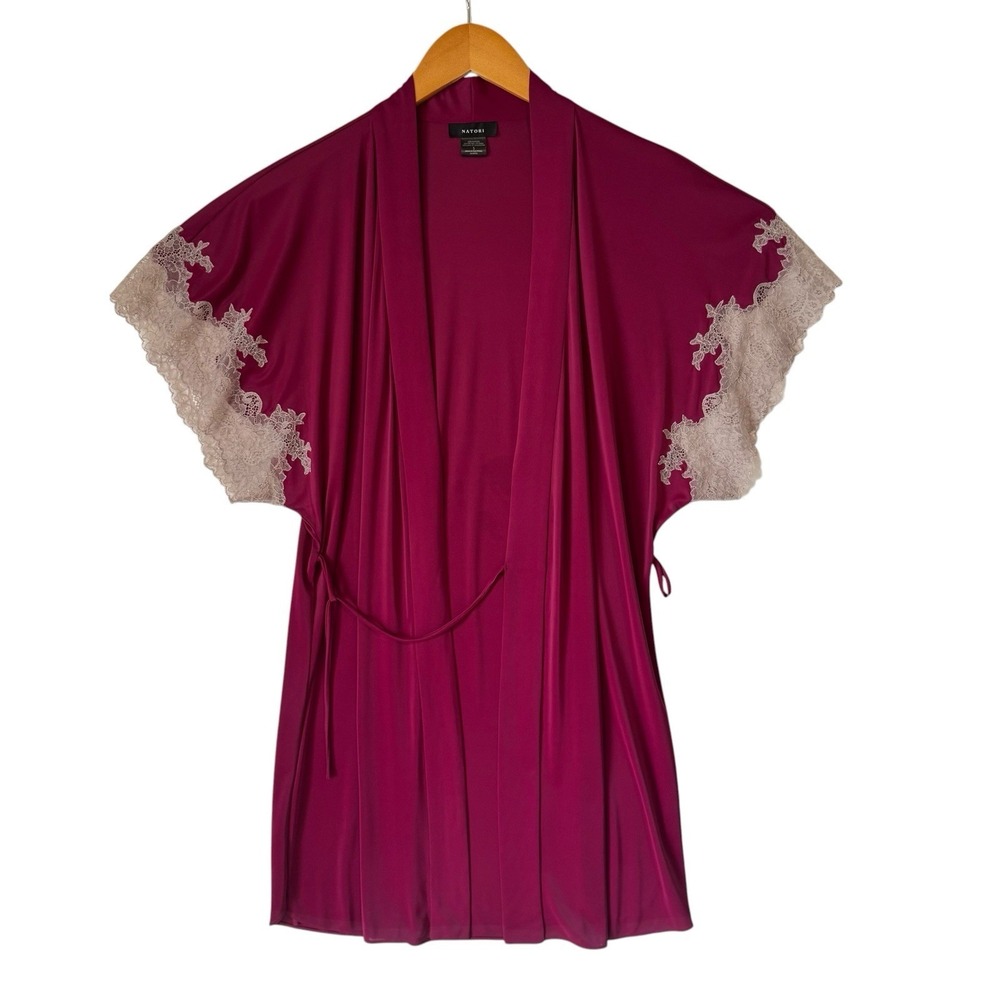 Natori Small Kimono Robe Pink Wrap Short Lace Sleeves Feminine‎ Romantic No Belt